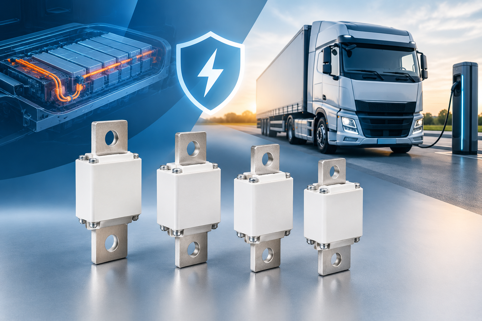 Eaton Bussmann EVHD square fuses for electric trucks, featuring bolted M8 tags and 600A to 900A current ratings.